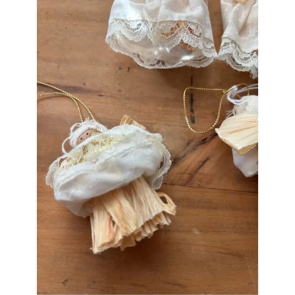Vintage Handmade Corn Husk White Gold Angel Ornaments Set of 4 County Christmas